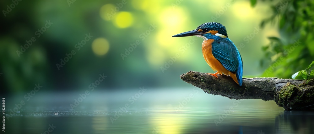 A vibrant kingfisher perched on a branch over a calm river, reflecting its colorful feathers in the water, surrounded by lush greenery and soft natural light A vibrant kingfisher perched on a branch over a calm river, reflecting its colorful feathers in the water, surrounded by lush greenery and soft natural light