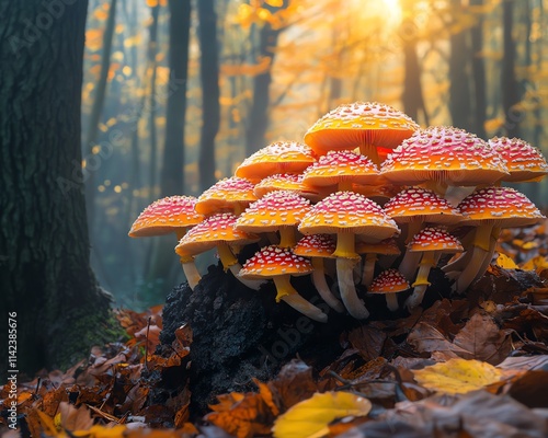 A vibrant forest with colorful mushrooms growing amidst fallen leaves, with sunlight filtering through the trees, casting a warm glow on the natural landscape photo