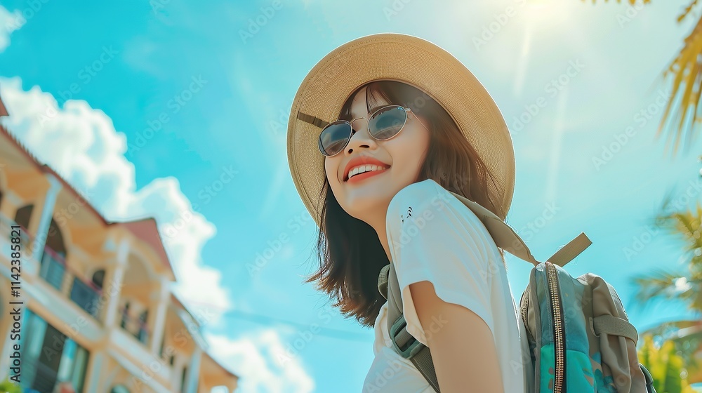 Smiling Woman in a Hat and Sunglasses Smiling Woman in a Hat and Sunglasses