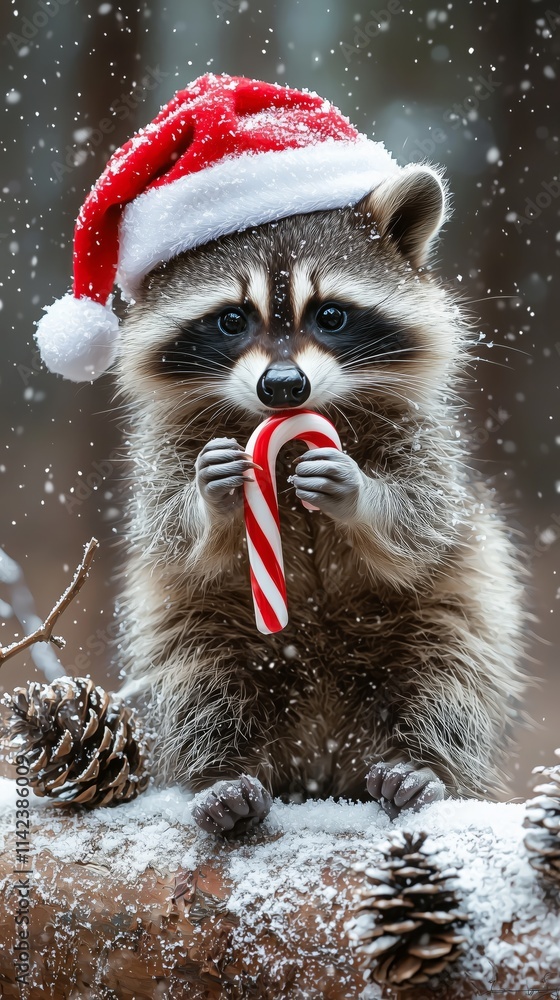Playful Chubby Raccoon Wearing Santa Hat Sitting on Snowy Log Enjoying Candy Cane in Winter Wonderland Scene with Snowfall and Pine Cones Playful Chubby Raccoon Wearing Santa Hat Sitting on Snowy Log Enjoying Candy Cane in Winter Wonderland Scene with Snowfall and Pine Cones