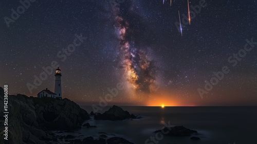 Wallpaper Mural Serene Night Sky Over a Coastal Lighthouse Illuminated by the Milky Way and Celestial Events, Creating a Surreal and Dreamlike Atmosphere Torontodigital.ca