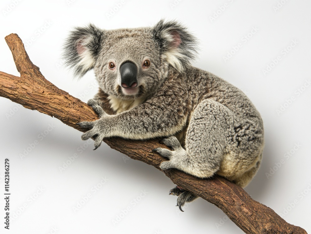 Obraz premium A koala sits on a tree branch against a white background