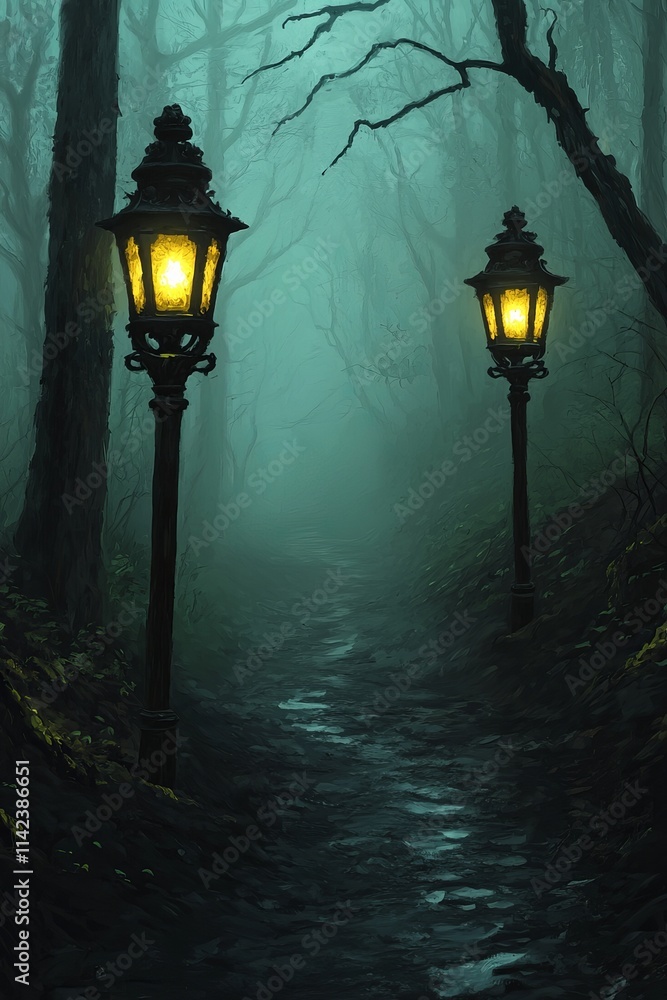 Yellow-red cast iron street lanterns glowing in mist, eerie and magical atmosphere Yellow-red cast iron street lanterns glowing in mist, eerie and magical atmosphere