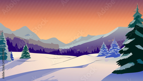 Winter landscape with snowy fir trees and mountains at sunset. Vector illustration.