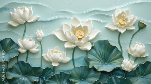 3D embossed white lotus flowers and teal leaves on a blue water background.