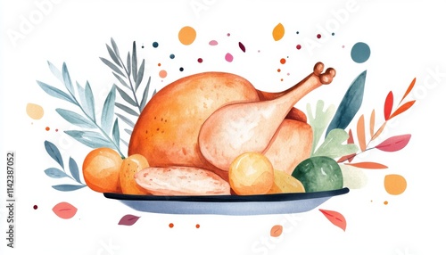 A vibrant watercolor illustration of a roasted turkey on a platter, garnished with fresh fruits and colorful leaves. photo