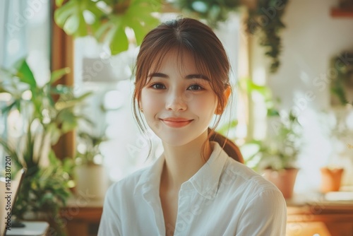 woman in white shirt surrounded by plants