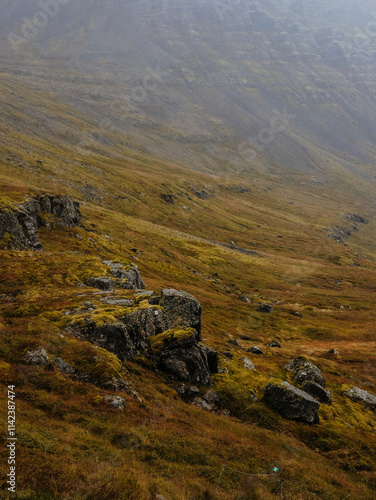 Misty Mountain Landscape with Rocks and Golden Autumn Tones