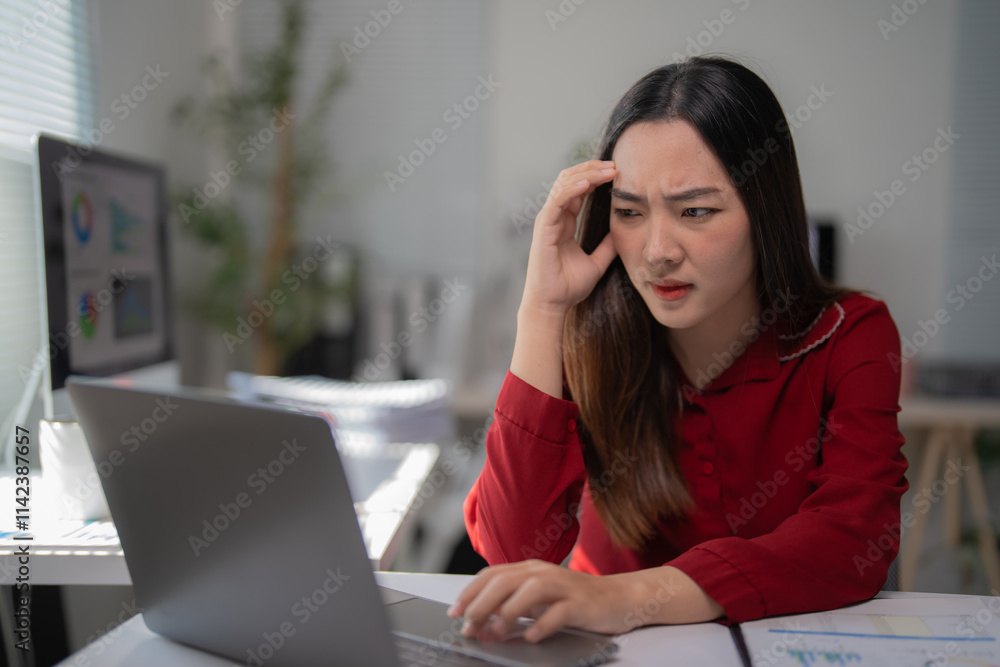 Young office worker is having a bad headache while using laptop and analyzing financial charts, she is touching her head with her hand, showing concern and worry Young office worker is having a bad headache while using laptop and analyzing financial charts, she is touching her head with her hand, showing concern and worry