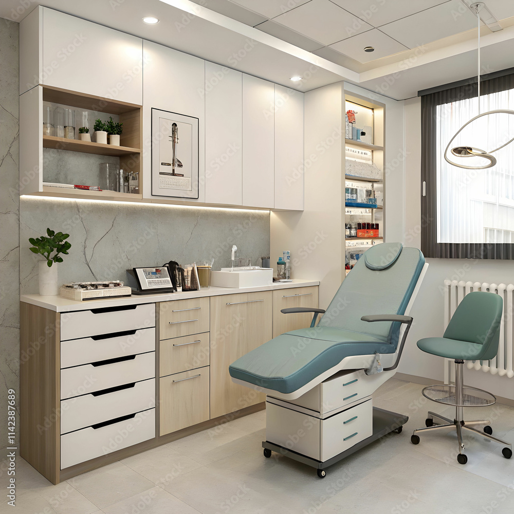 A gynecological cabinet features medical equipment such as a gynecological chair A gynecological cabinet features medical equipment such as a gynecological chair