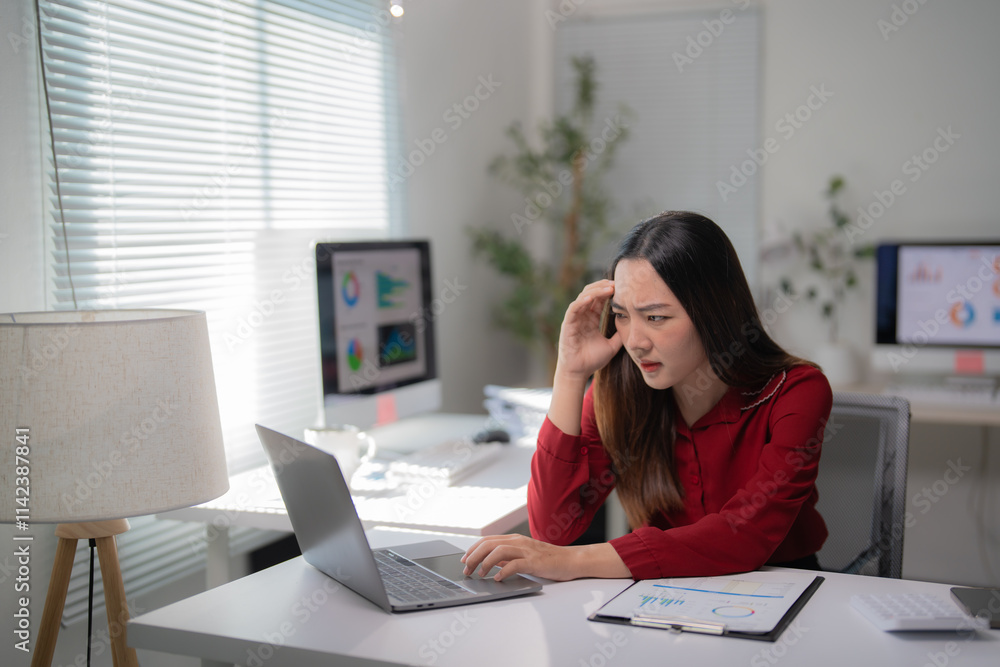 Young office worker experiencing a severe headache while analyzing financial charts on a laptop, dealing with stress, tension, and chronic fatigue Young office worker experiencing a severe headache while analyzing financial charts on a laptop, dealing with stress, tension, and chronic fatigue