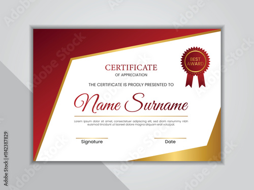 Red and gold diploma certificate template with badge. Clean certificate layout.