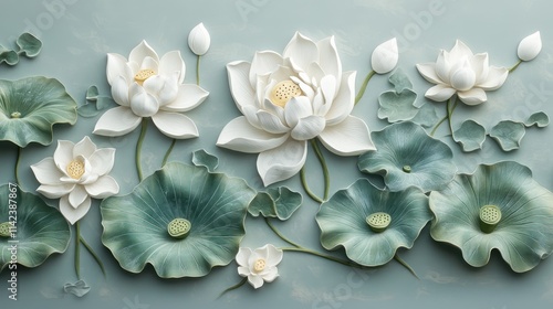 3D white lotus flowers and green leaves on blue background.
