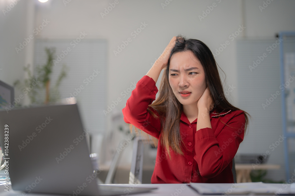Young office worker massaging her neck and head, experiencing pain and tension from long hours spent working on the computer, feeling the weight of stress and fatigue Young office worker massaging her neck and head, experiencing pain and tension from long hours spent working on the computer, feeling the weight of stress and fatigue