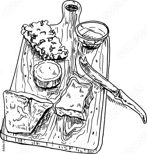 Wine. Hand drawn vector isolated illustration. Cheese platter.