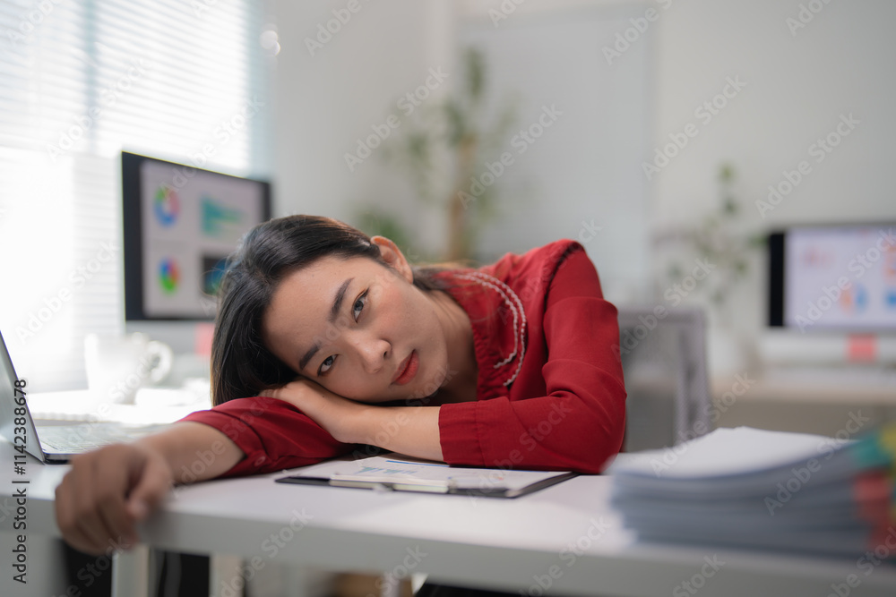 Young office worker feeling tired and stressed from working on computer, suffering from headache or migraine after long time on laptop, taking a break from work Young office worker feeling tired and stressed from working on computer, suffering from headache or migraine after long time on laptop, taking a break from work