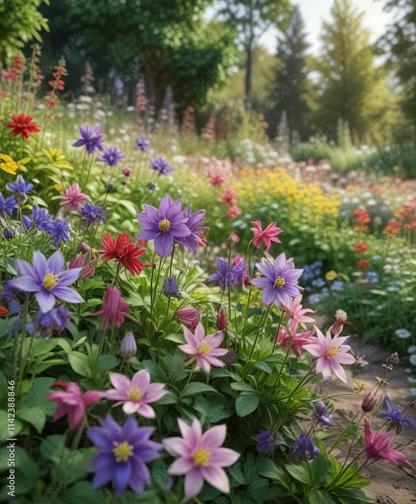 Aquilegia flowers scattered throughout a garden with lush greenery and colorful wildflowers, garden, nature Aquilegia flowers scattered throughout a garden with lush greenery and colorful wildflowers, garden, nature