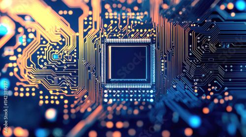 A close-up of a microchip on a circuit board, showcasing intricate lines and colorful lights, symbolizing advanced technology.