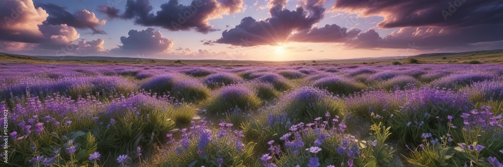 A sprawling landscape dominated by vibrant purple wildflowers and dotted with wispy cumulus clouds, purple wildflowers, colorful blooms A sprawling landscape dominated by vibrant purple wildflowers and dotted with wispy cumulus clouds, purple wildflowers, colorful blooms