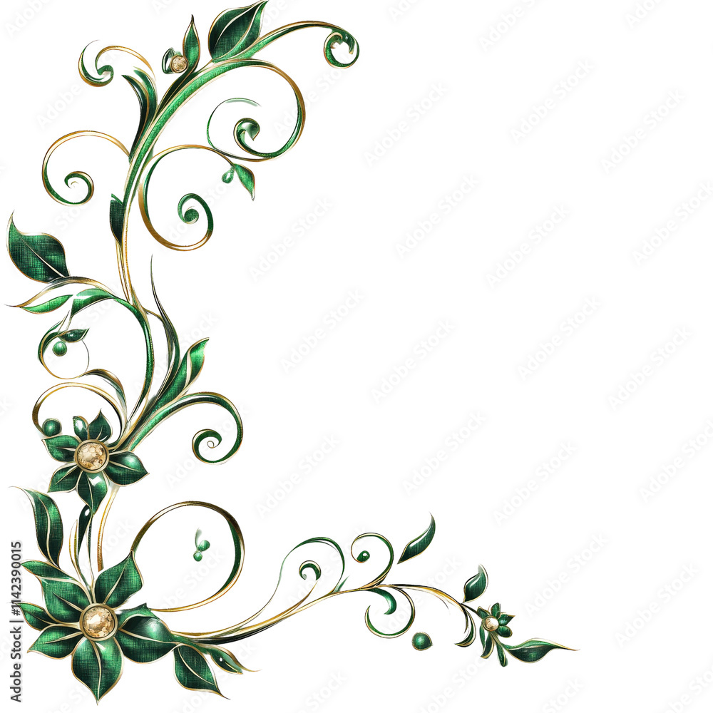 Elegant green floral corner design with intricate swirls and golden accents, perfect for decorative purposes. This artwork adds touch of nature and sophistication to any project Elegant green floral corner design with intricate swirls and golden accents, perfect for decorative purposes. This artwork adds touch of nature and sophistication to any project