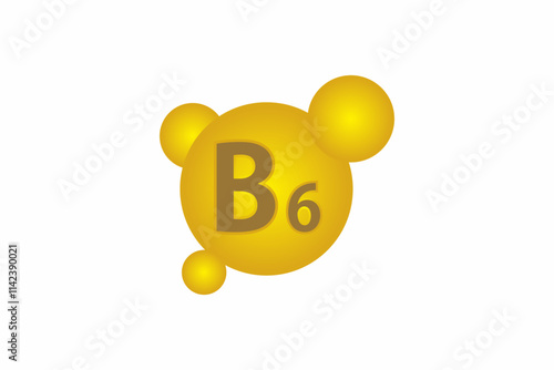 Vitamin B6 gold shining pill capcule icon. Molecule bubbles design. Vitamin B 6 gold shining icon. Ascorbic acid. Vector illustration