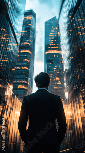 businessman stands confidently between skyscrapers, reflecting ambition and determination