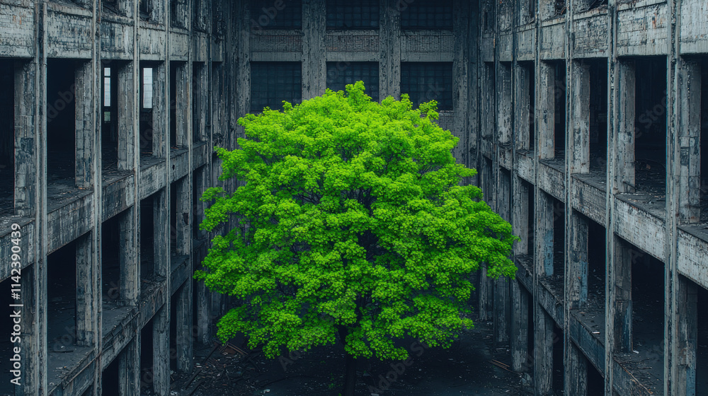 Dust crisis green tree in city life. Vibrant green tree thriving in a desolate, abandoned concrete structure. Dust crisis green tree in city life. Vibrant green tree thriving in a desolate, abandoned concrete structure.