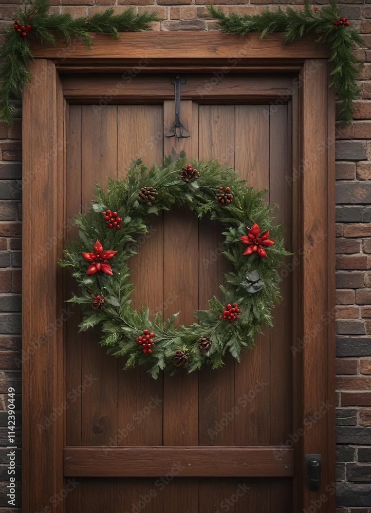 Christmas wreath on a wooden door with evergreen branches and holly , holiday decor, holly Christmas wreath on a wooden door with evergreen branches and holly , holiday decor, holly