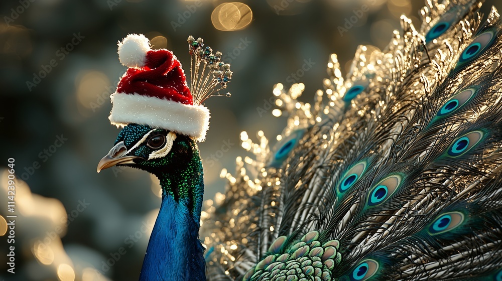 Obraz premium Majestic Peacock Standing Proudly in Winter Wonderland with Santa Hat, Showcasing Vibrant Feathers and Festive Cheer for Holiday Celebrations