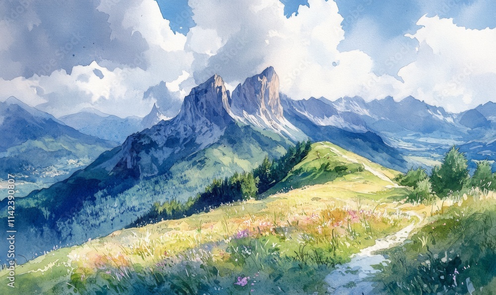 Fototapeta premium Watercolor View of Mont Aiguille, South Vercors in the French Alps