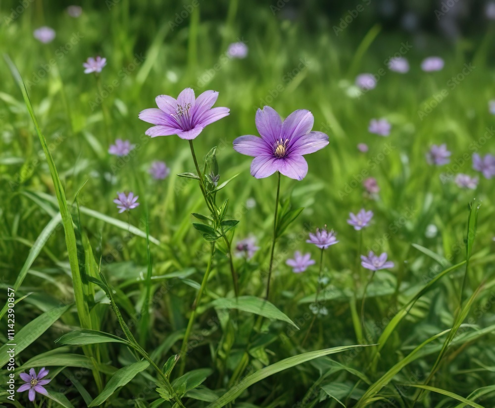 Close-up of delicate purple wildflower against lush green grass, botany, macro, colourful, wildflowers Close-up of delicate purple wildflower against lush green grass, botany, macro, colourful, wildflowers