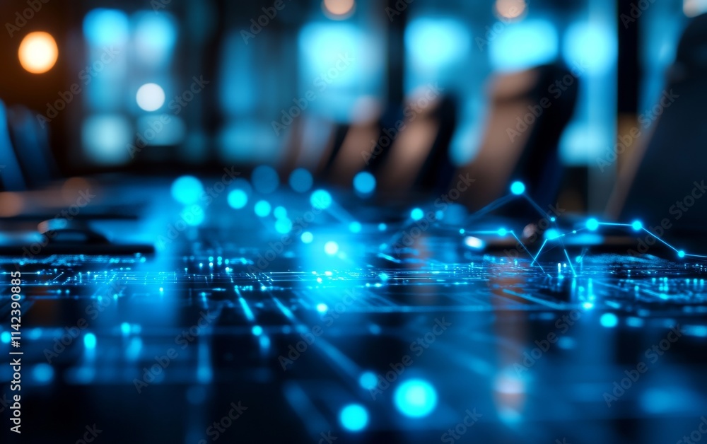 Close-up of a futuristic digital circuit board with illuminated connections in a modern office environment. Close-up of a futuristic digital circuit board with illuminated connections in a modern office environment.