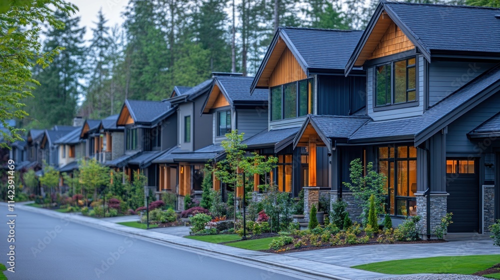 Modern homes in a serene neighborhood setting. Modern homes in a serene neighborhood setting.