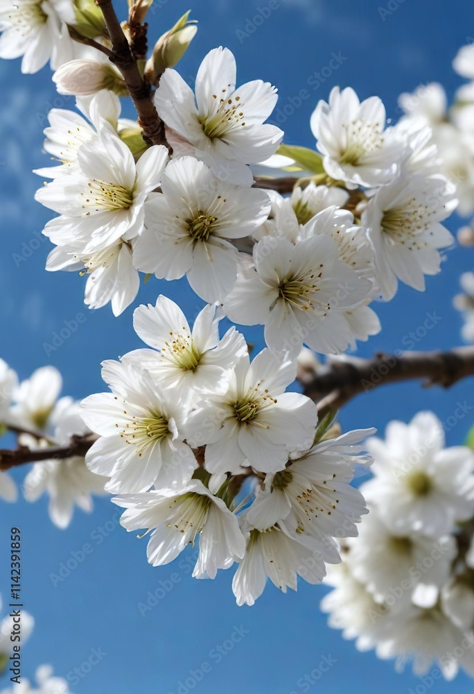 Close-up of white cherry blossoms contrasted against a deep blue sky, scenery, garden, petals Close-up of white cherry blossoms contrasted against a deep blue sky, scenery, garden, petals