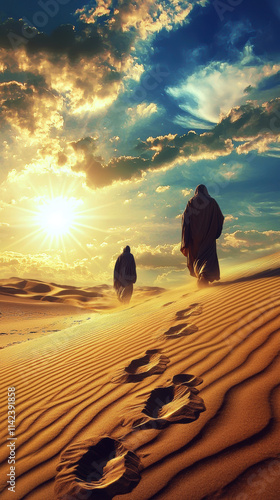 Two figures walking in desert at sunset, leaving footprints in sand, evoking sense of journey and solitude