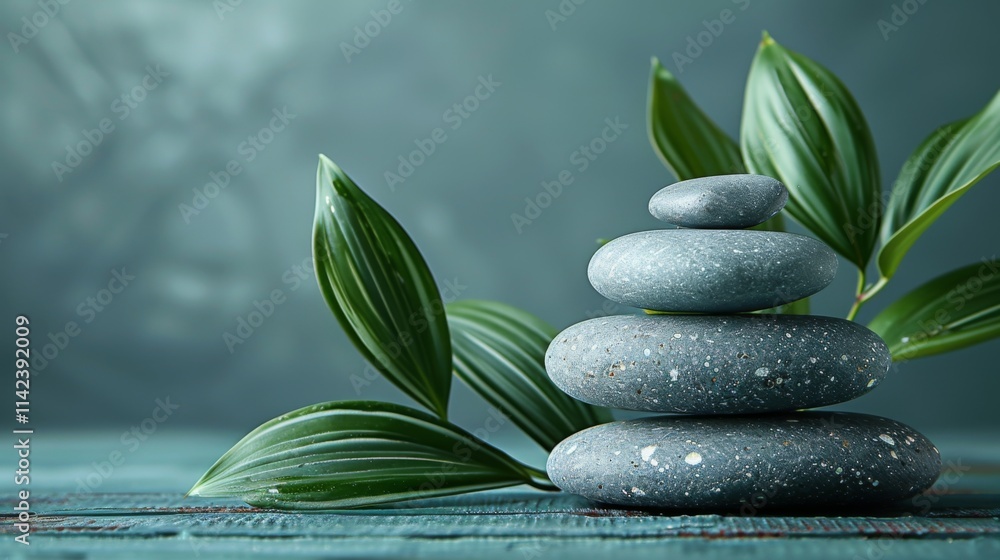 Fototapeta premium Photo of A stack of stones and bamboo leaves on wooden table against light green background with copy space, spa concept for relaxation time, wellness or healthy lifestyle