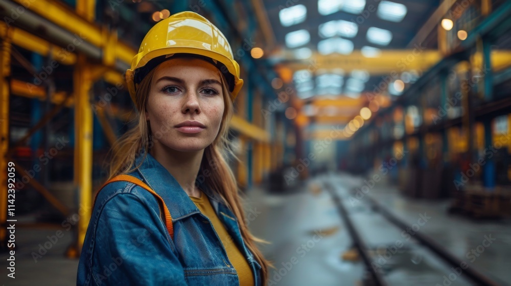 A woman worker in clean clothes stands against the backdrop of an industrial warehouse. Realistic photography. A woman worker in clean clothes stands against the backdrop of an industrial warehouse. Realistic photography.