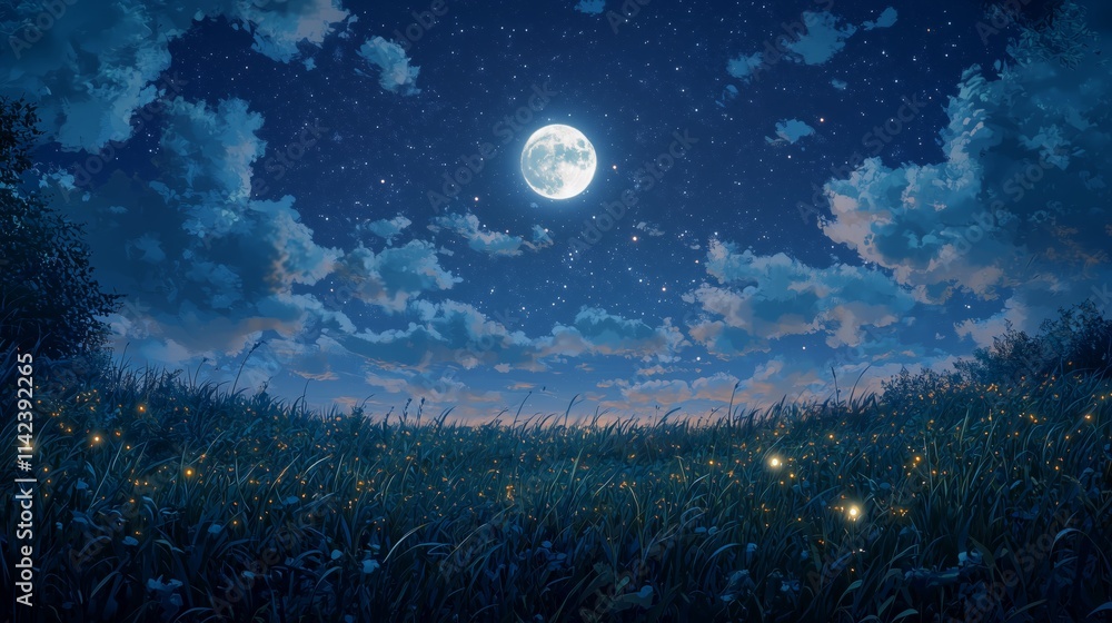 Enchanting Nightscape with Full Moon Illuminating a Magical Sky Filled with Stars and Fireflies Across a Serene Meadow Landscape Enchanting Nightscape with Full Moon Illuminating a Magical Sky Filled with Stars and Fireflies Across a Serene Meadow Landscape