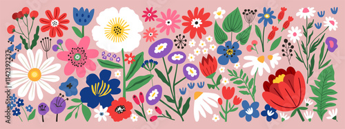 Beautiful flower collection with hand-drawn floral elements. Blossom botanical vector set for decor, easter, sticker, clipart, print