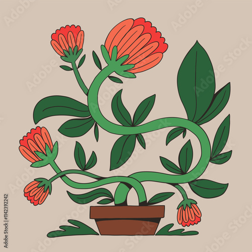 Beautiful trendy flower illustration in the pot. Blossom botanical greeting card. Modern floral vector element.