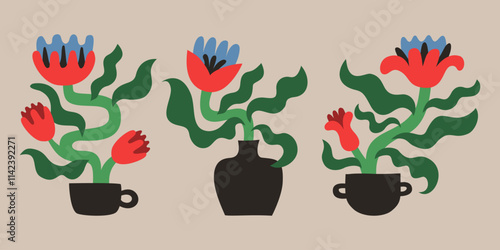 Beautiful flowers collection with hand-drawn floral elements in flowerpots. Blossom botanical vector set for decor, sticker, clipart, print