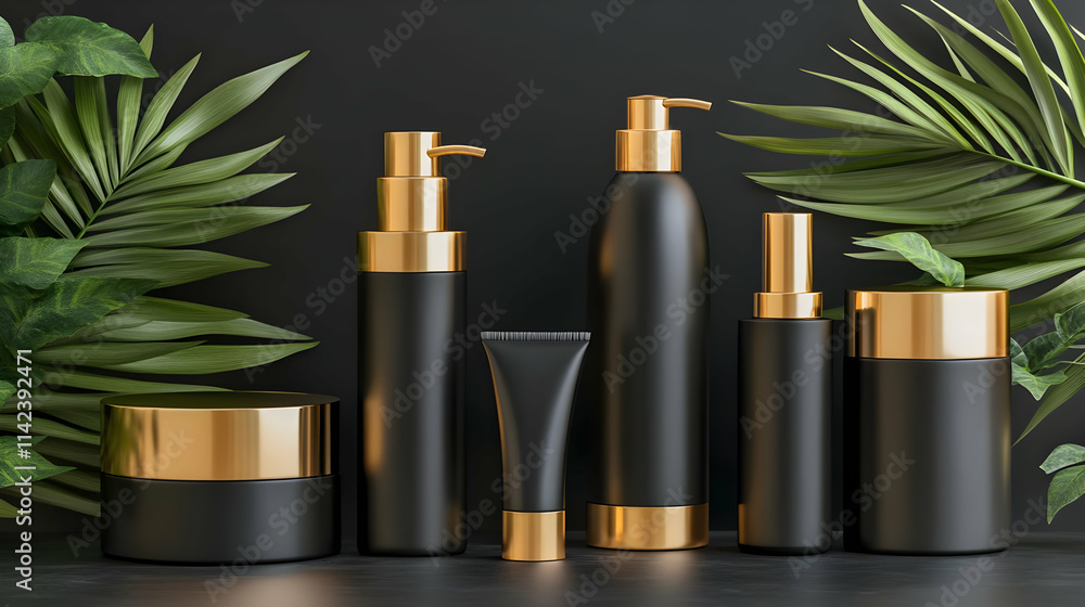 Luxury Black Gold Cosmetic Bottles 3D Illustration Luxury Black Gold Cosmetic Bottles 3D Illustration