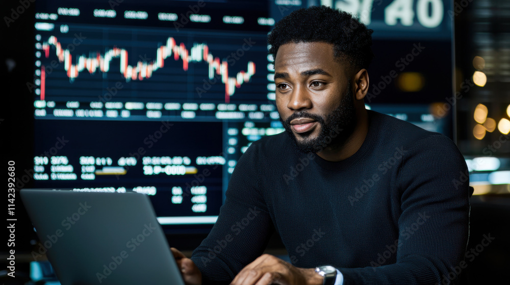 focused man analyzes financial data on laptop in modern office focused man analyzes financial data on laptop in modern office