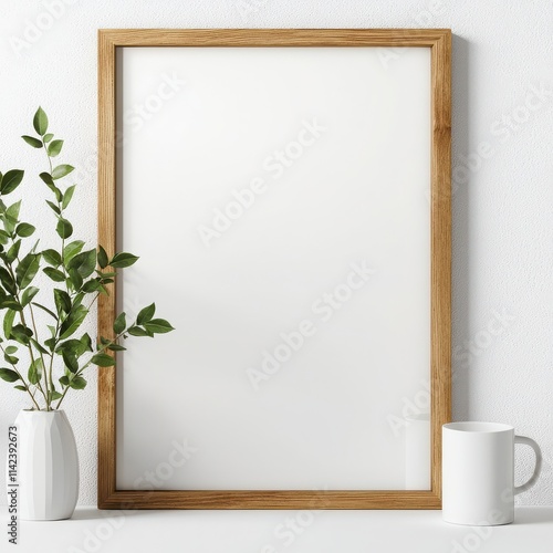 Empty wooden frame, plant and mug on a clean surface, white isolated background.