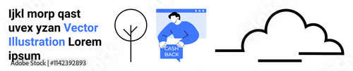 Blue-clad man holding a cash back sign, stylized black outlined tree, and cloud. Ideal for finance, design, marketing, web content, advertisements, presentations, social media, banners. Landing page