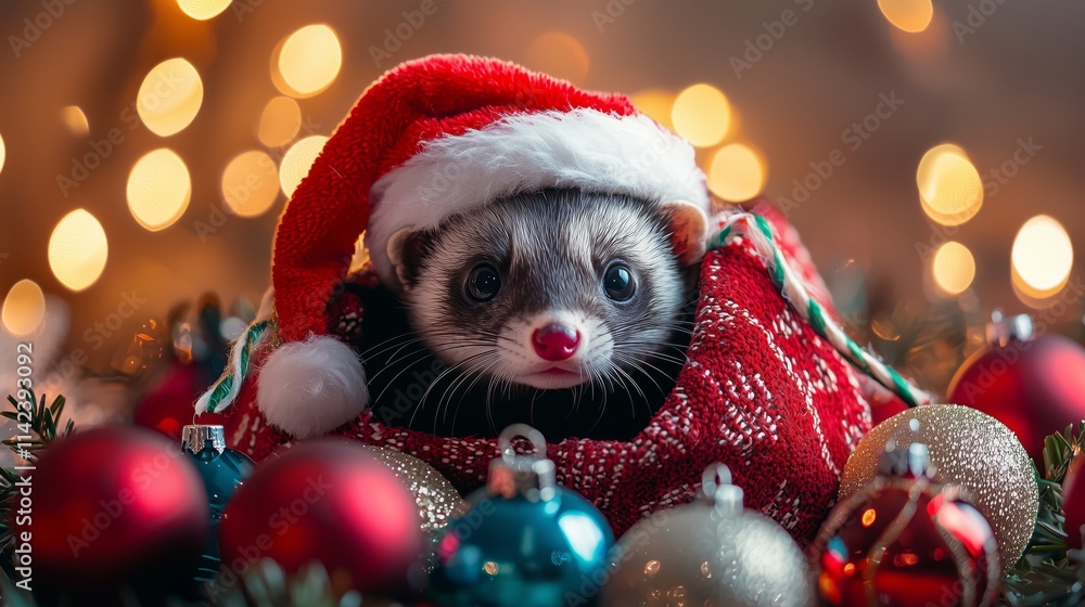 Mischievous Ferret in Santa Hat Peeking Out of Cozy Sweater Surrounded by Colorful Christmas Ornaments and Holiday Lights Mischievous Ferret in Santa Hat Peeking Out of Cozy Sweater Surrounded by Colorful Christmas Ornaments and Holiday Lights