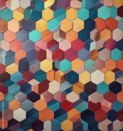 Colorful abstract chevron and hexagon mosaic pattern background, unique patterns, abstract art pieces