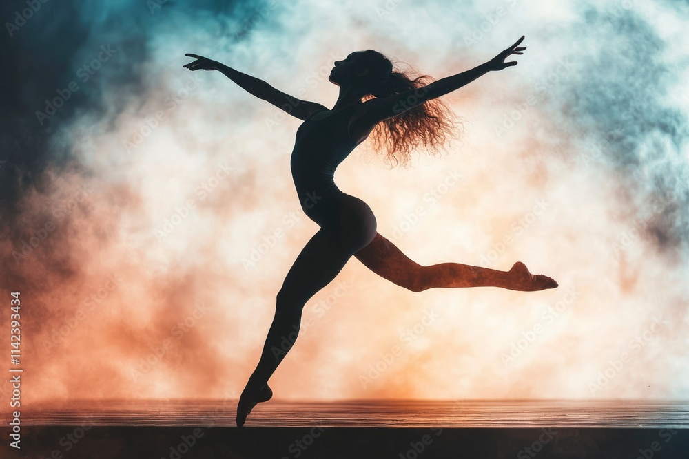 Naklejka premium Graceful Dancer Leaps Through Smoky Stage Haze