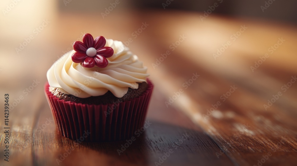 close up of a cupcake with frosting and a flower decoration close up of a cupcake with frosting and a flower decoration