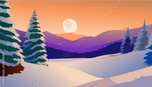 Winter landscape with fir trees, mountains and sunset. Vector illustration.